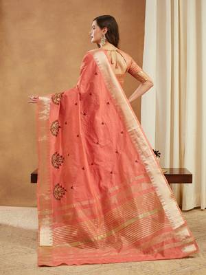 peach assam cotton silk saree with embroidery and emple border  3