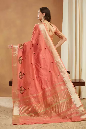 peach assam cotton silk saree with embroidery and emple border 