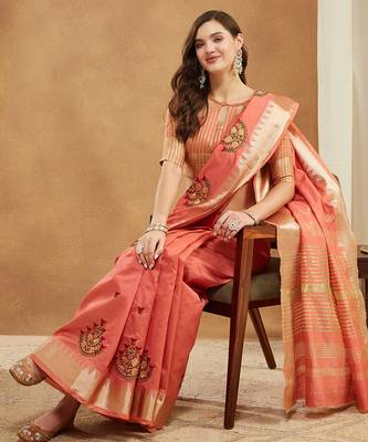 peach assam cotton silk saree with embroidery and emple border  4