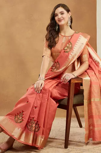 peach assam cotton silk saree with embroidery and emple border 