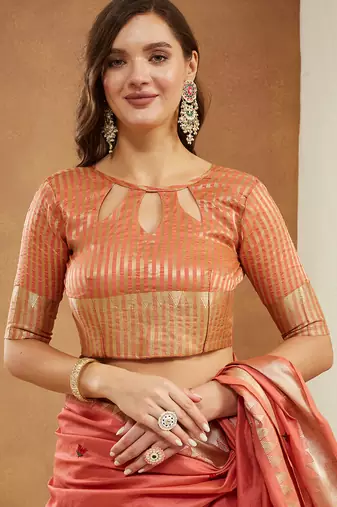 peach assam cotton silk saree with embroidery and emple border 