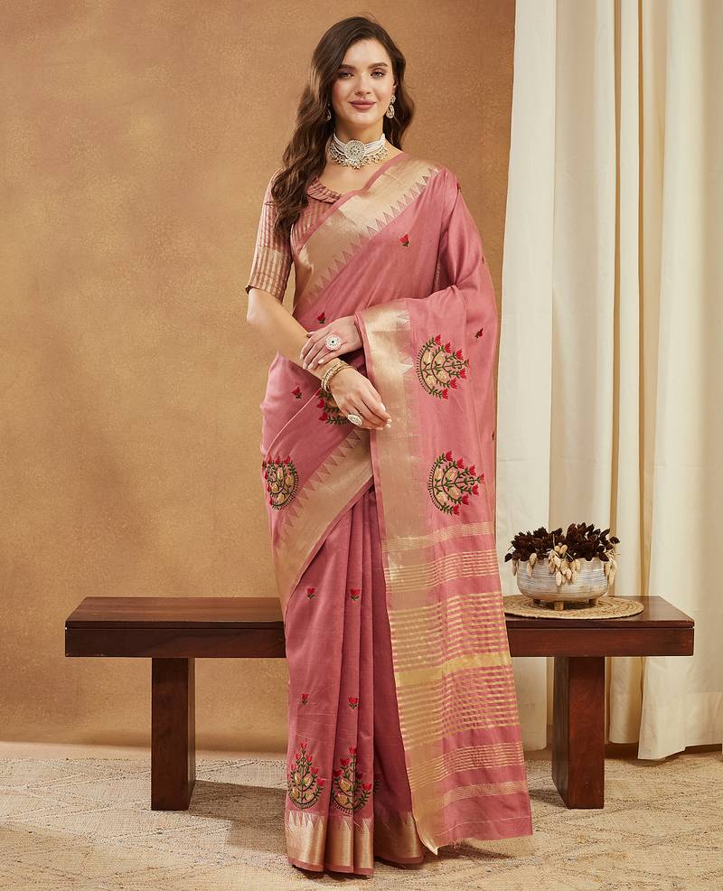 light_wine assam cotton art silk saree with embroidery with emple border