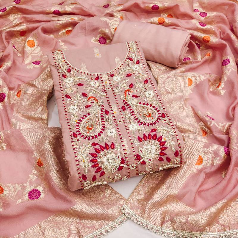 purple woven muslin dress material with handwork embroidery