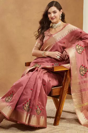 light wine assam cotton silk saree with embroidery and emple border 