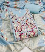 blue woven muslin dress material with handwork embroidery