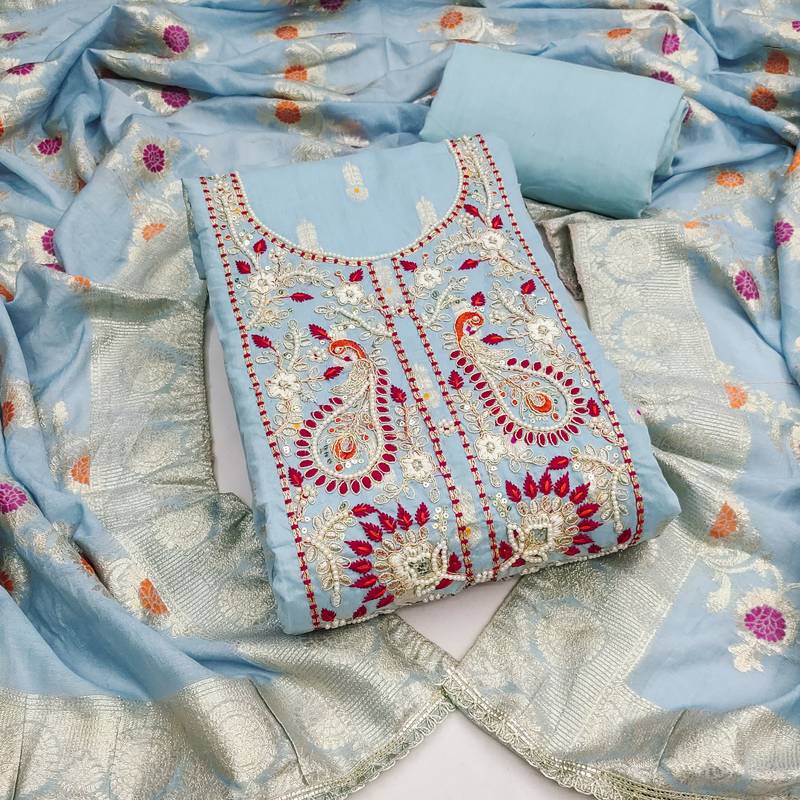  blue woven handwork muslin dress material 