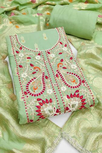  olive woven handwork muslin dress material 