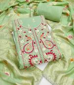 olive woven muslin dress material with handwork embroidery