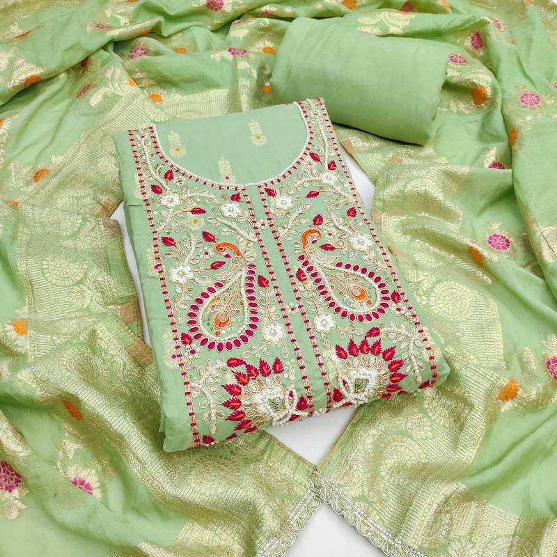  olive woven handwork muslin dress material 