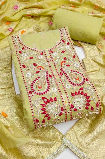  green woven handwork muslin dress material 