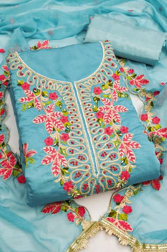  blue embroidery cotton silk dress material 