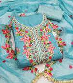 blue cotton silk dress material with floral embroidery