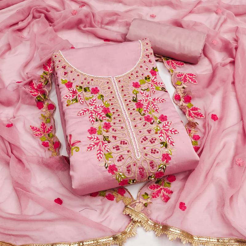 purple cotton silk dress material with floral embroidery