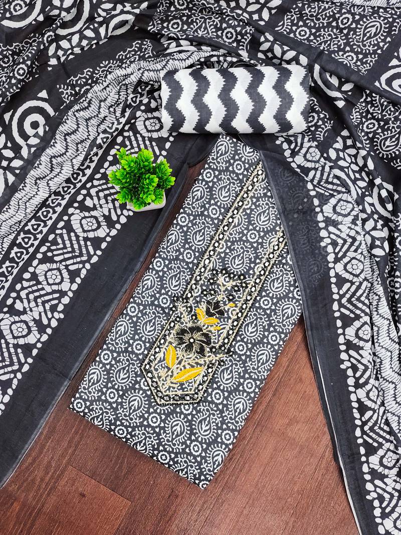 black printed cotton dress material with embroidered neck