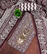 brown printed cotton dress material with embroidered neck