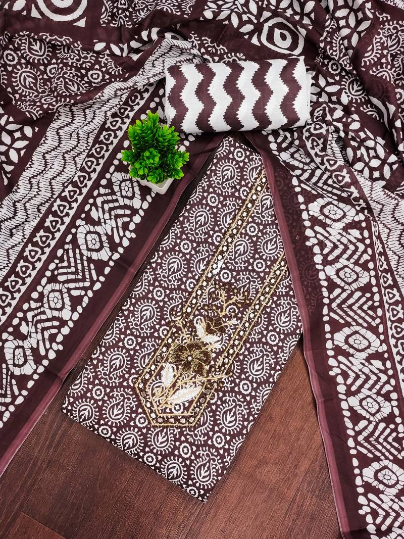 brown printed cotton dress material with embroidered neck
