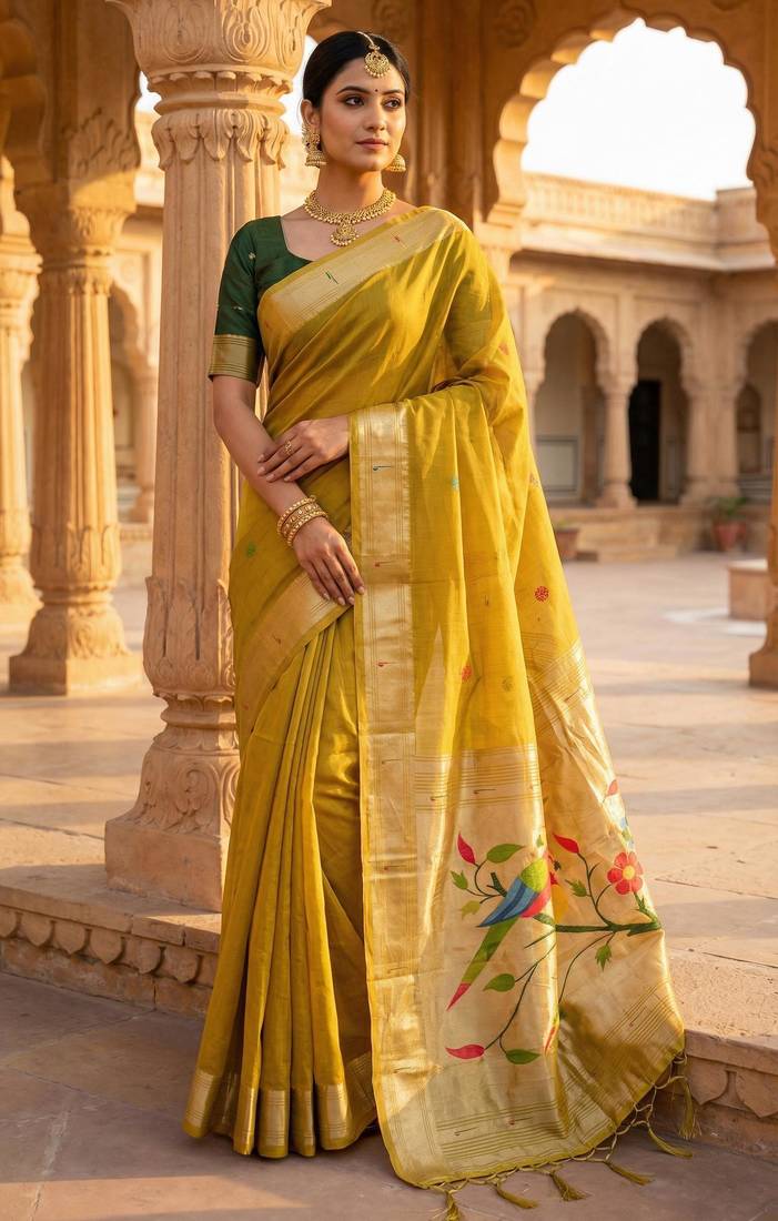 olive cotton meenakari weaving saree with classic detailing