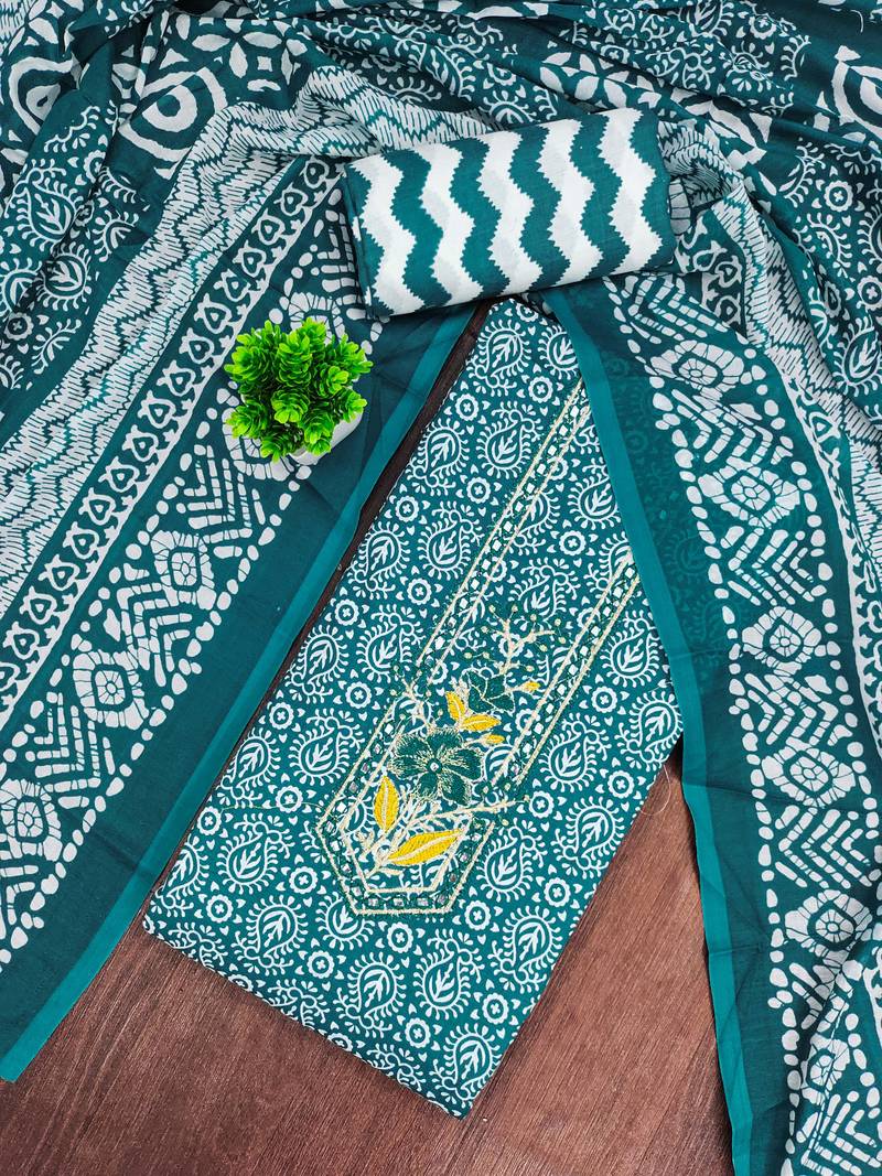 sea green printed cotton dress material with embroidered neck