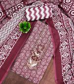 wine printed cotton dress material with embroidered neck