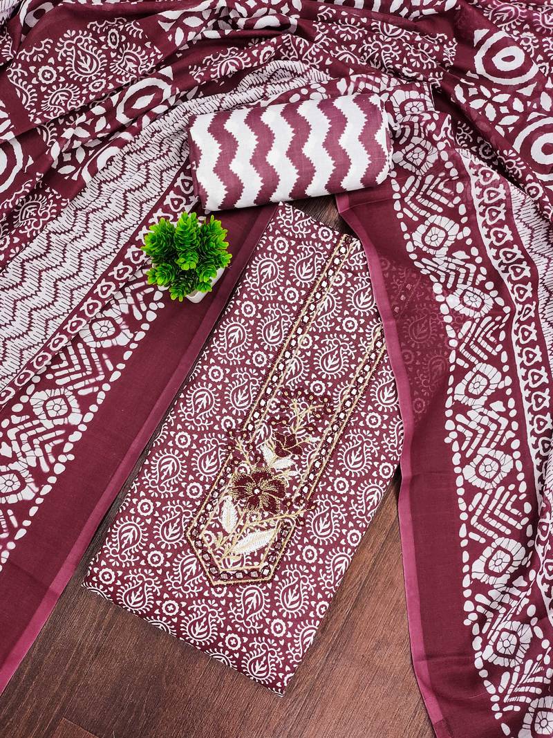wine printed cotton dress material with embroidered neck