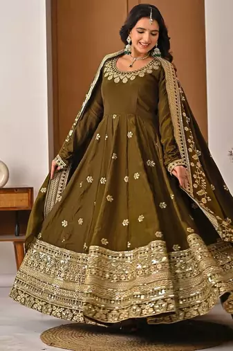 Green faux blooming embroidered Anarkali suit