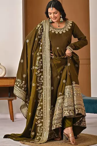 Green faux blooming embroidered Anarkali suit