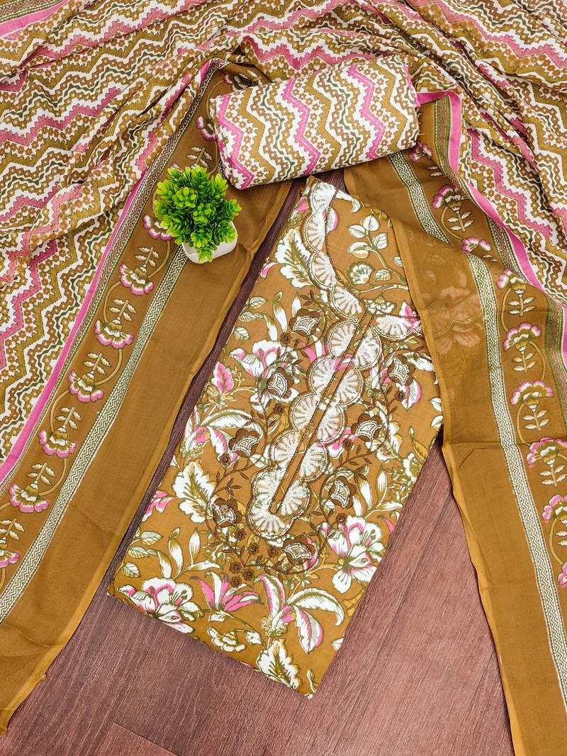 mustard multicolor printed cotton dress material 