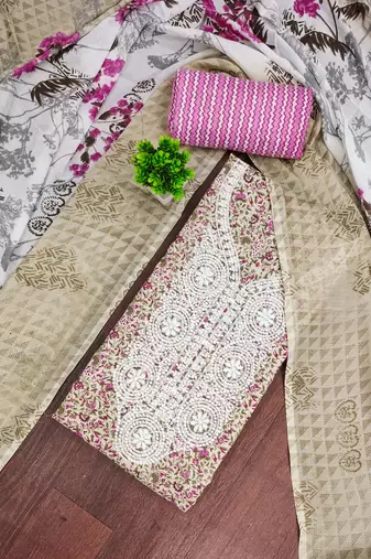cotton multicolor printed unstitched suit material with fancy neck detail