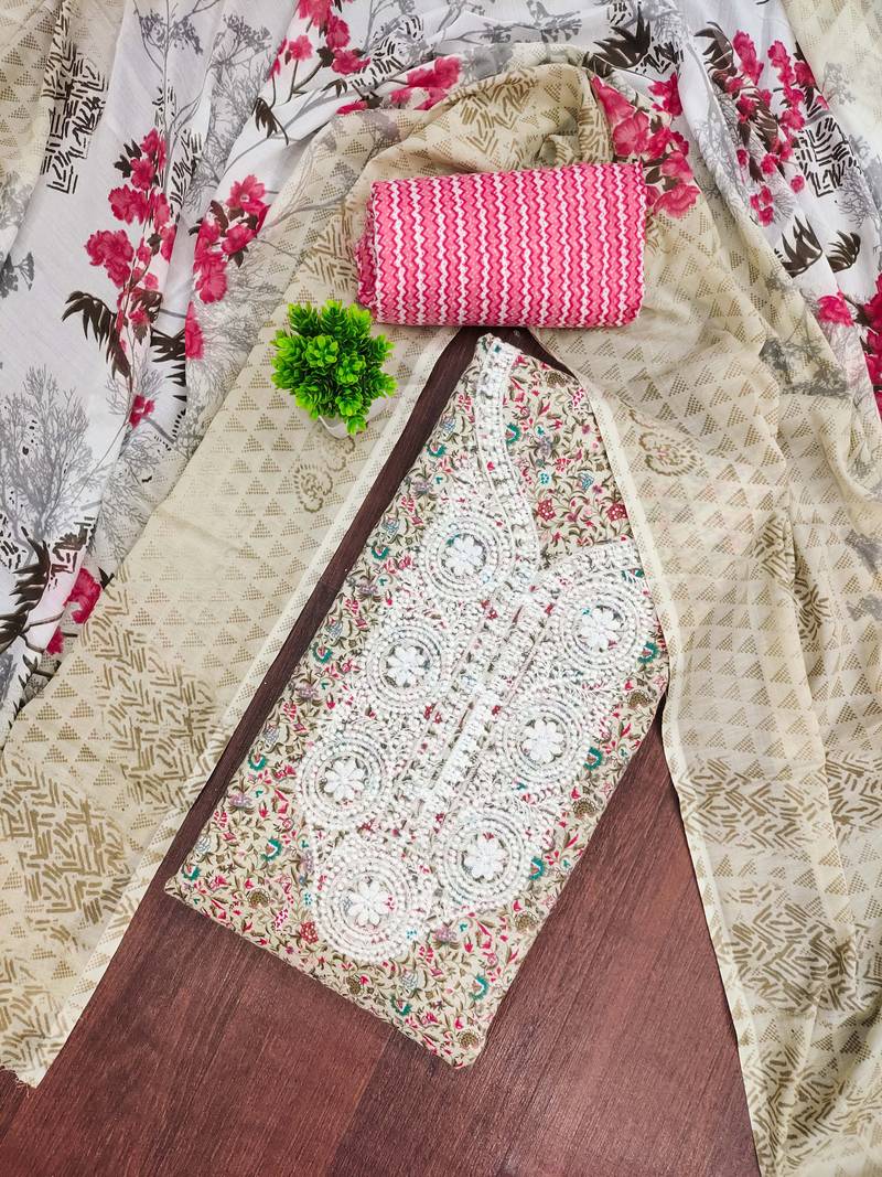 printed multicolor cotton unstitched dress material featuring fancy neck design