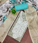 multicolor cotton printed unstitched dress material with fancy neck work