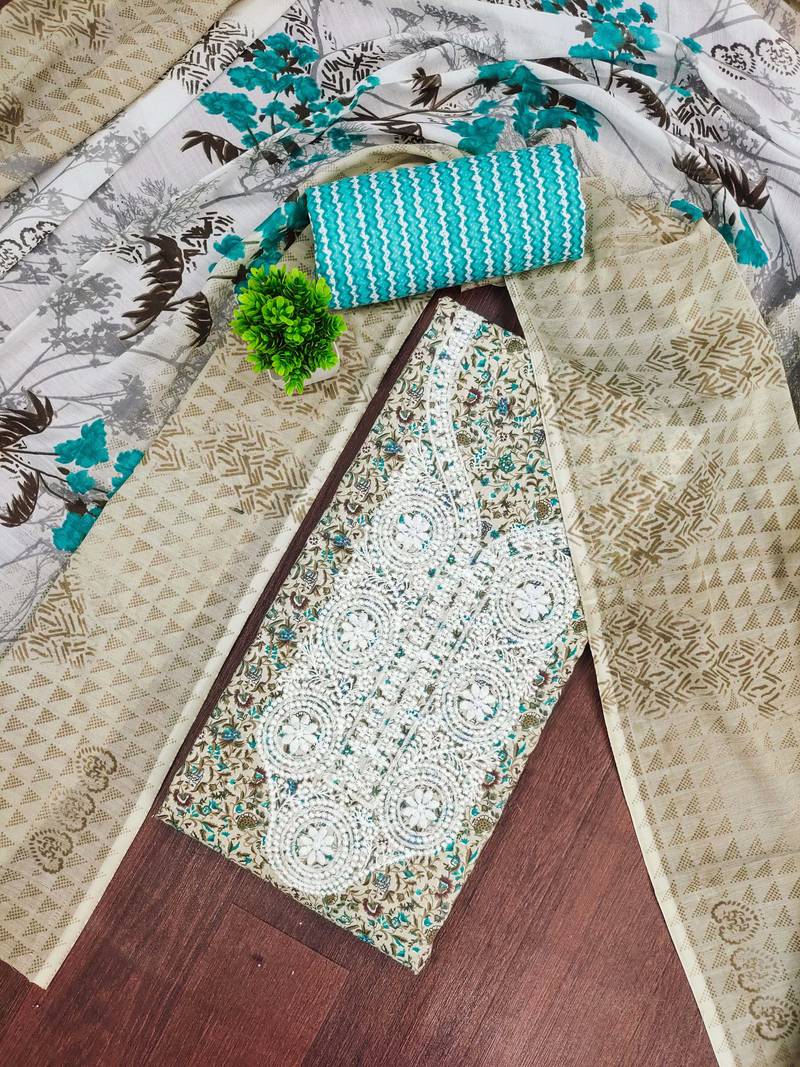 multicolor cotton printed unstitched dress material with fancy neck work
