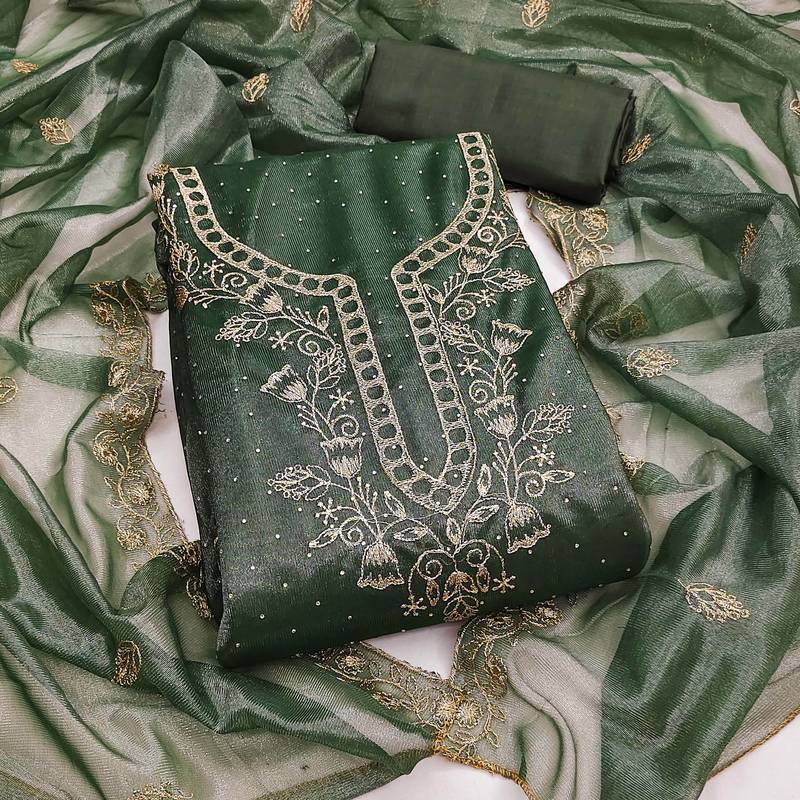 green organza embroidered dress material for women