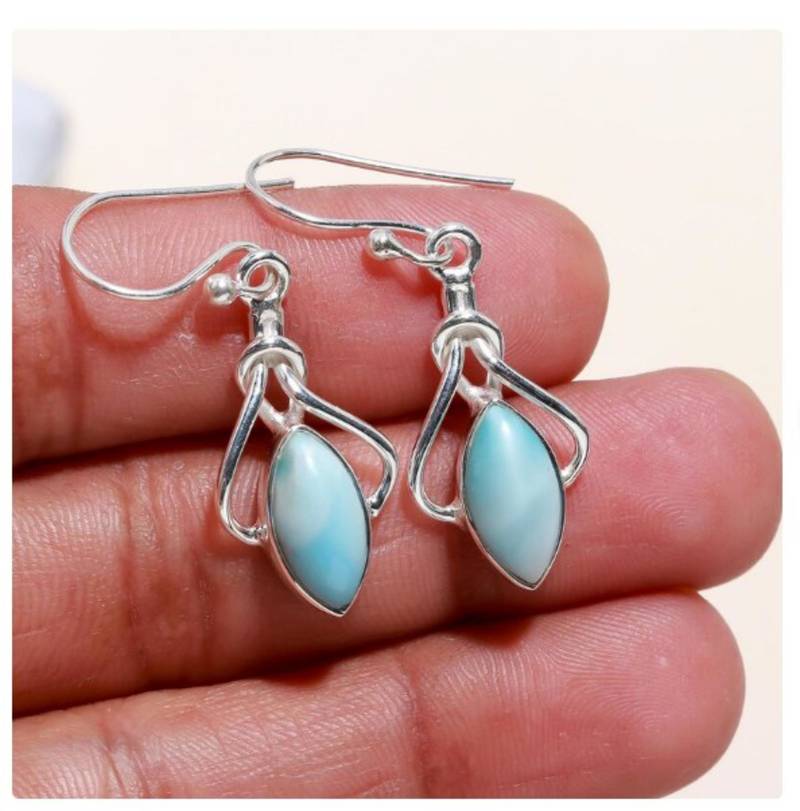 Natural larimar dangle earrings | 925 sterling silver handmade jewelry