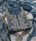 teal organza embroidered dress material for women