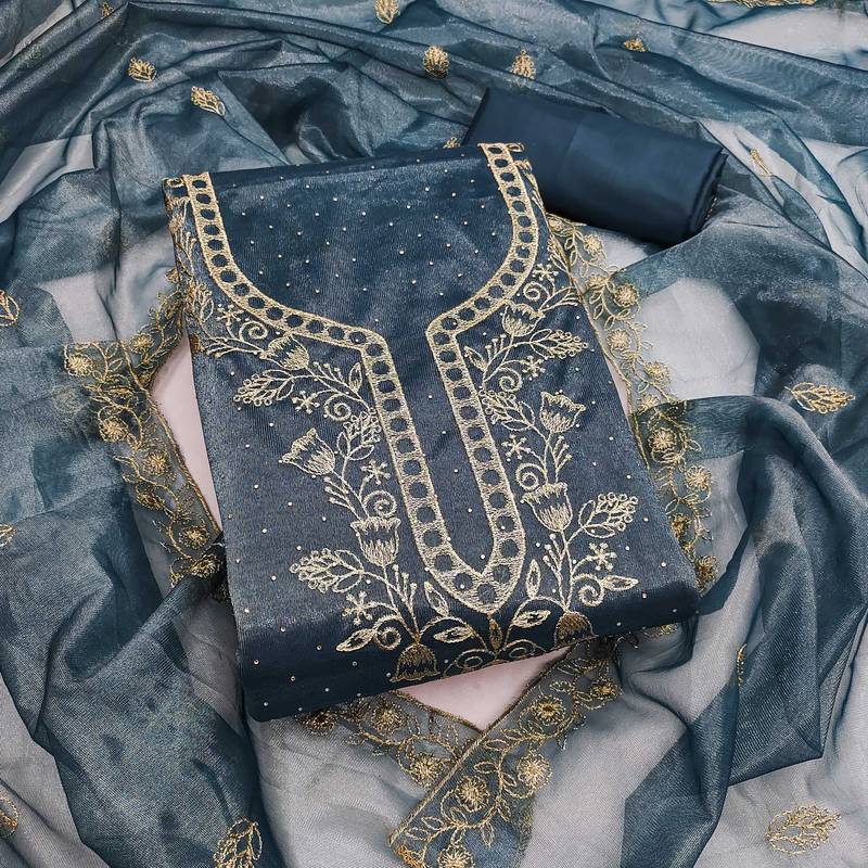 teal organza embroidered dress material for women