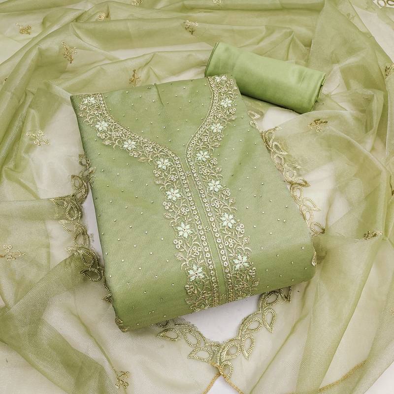 light green organza embroidered dress material