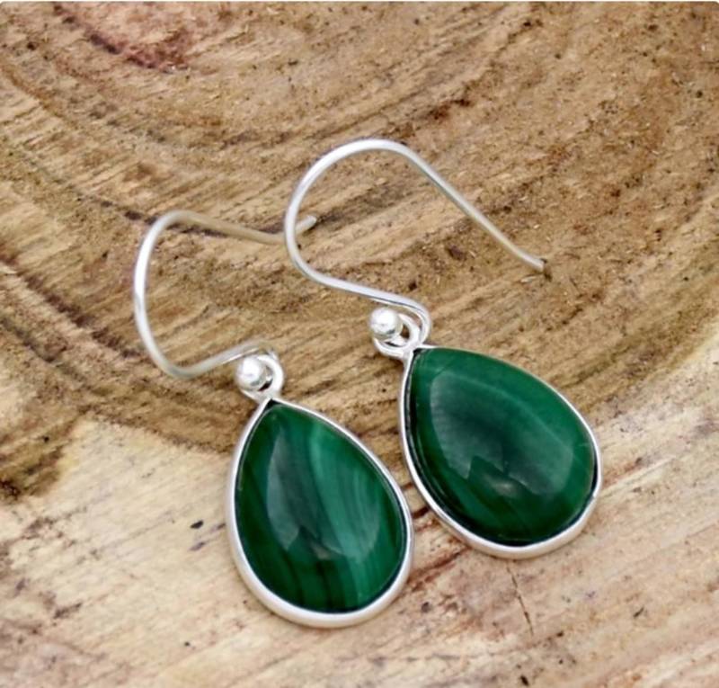Handmade malachite drop earrings | 925 sterling silver gemstone jewelry