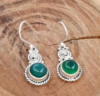 Handmade green onyx earrings | oval sterling silver hook earrings 1