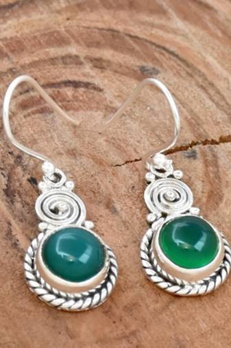 Handmade green onyx earrings | oval sterling silver hook earrings