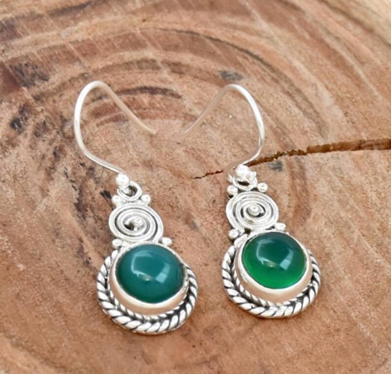 Handmade green onyx earrings | oval sterling silver hook earrings