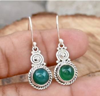 Handmade green onyx earrings | oval sterling silver hook earrings 2