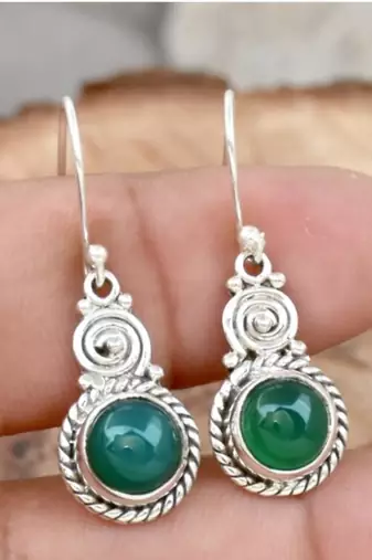 Handmade green onyx earrings | oval sterling silver hook earrings
