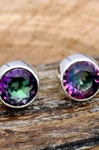 Genuine fire mystic topaz earrings | round diamond cut | 925 sterling silver