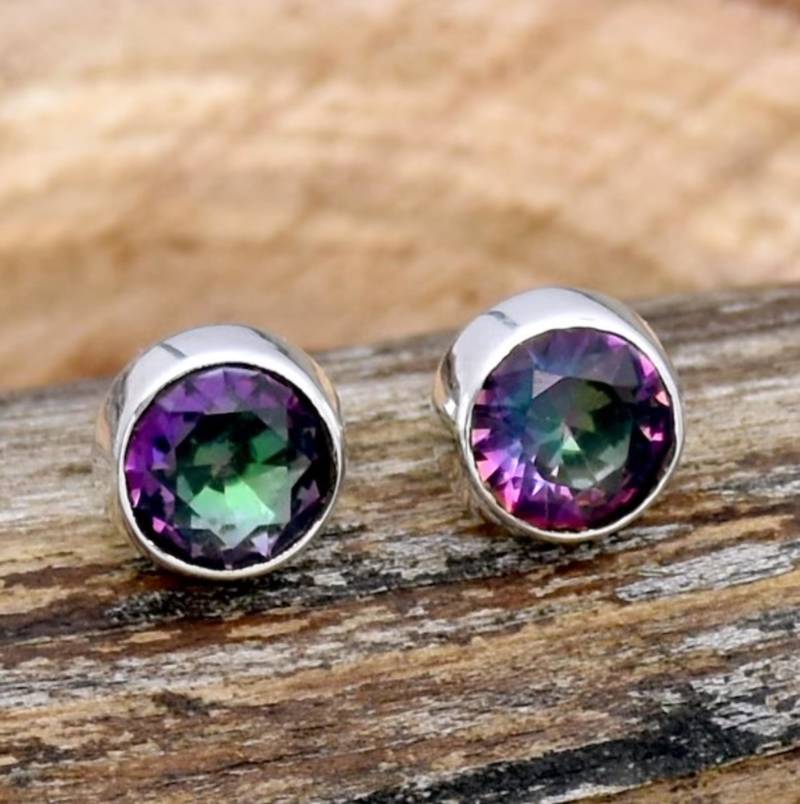 Genuine fire mystic topaz earrings | round diamond cut | 925 sterling silver