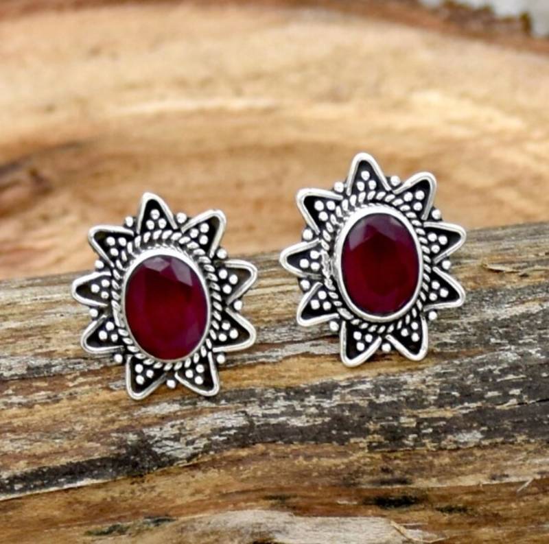 Red garnet earrings | 925 sterling silver handmade dangle earrings