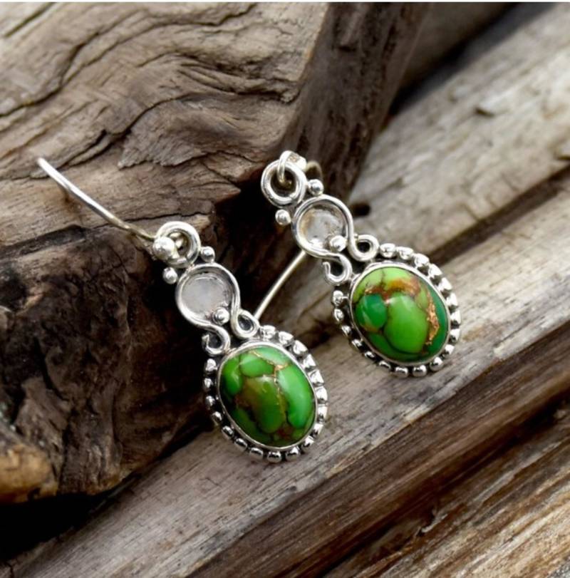 Green turquoise earrings | 925 sterling silver handmade dangle