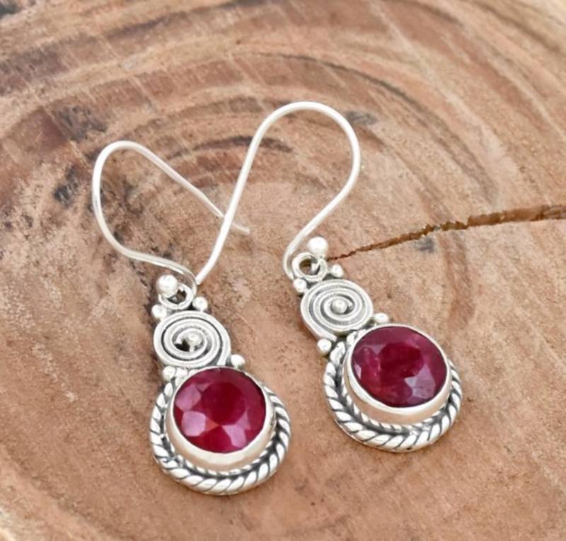 Red ruby earrings | 925 sterling silver handmade dangle earrings