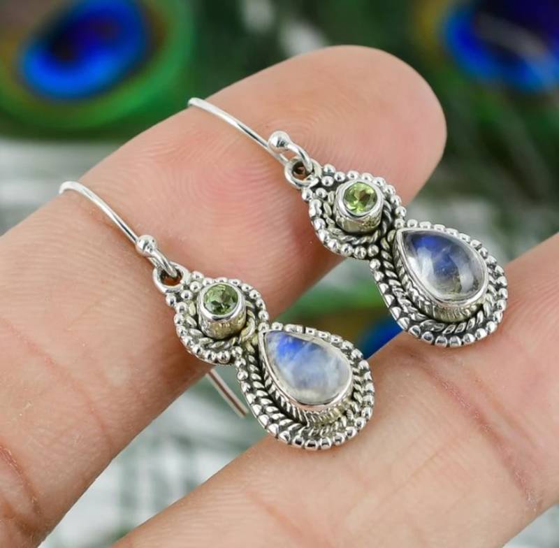 Peridot & moonstone earrings | 925 sterling silver dangle earrings