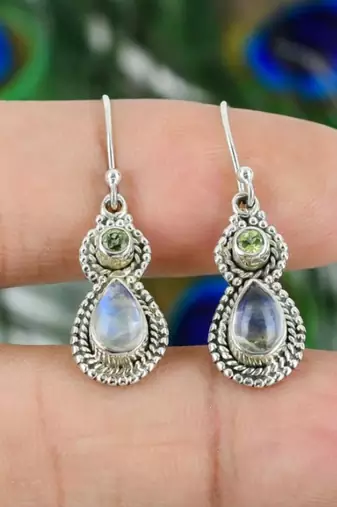 Peridot & moonstone earrings | 925 sterling silver dangle earrings