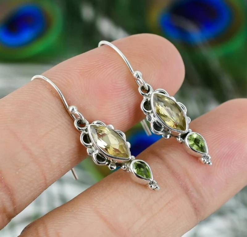 Peridot & citrine hook earrings | 925 sterling silver dangle earrings